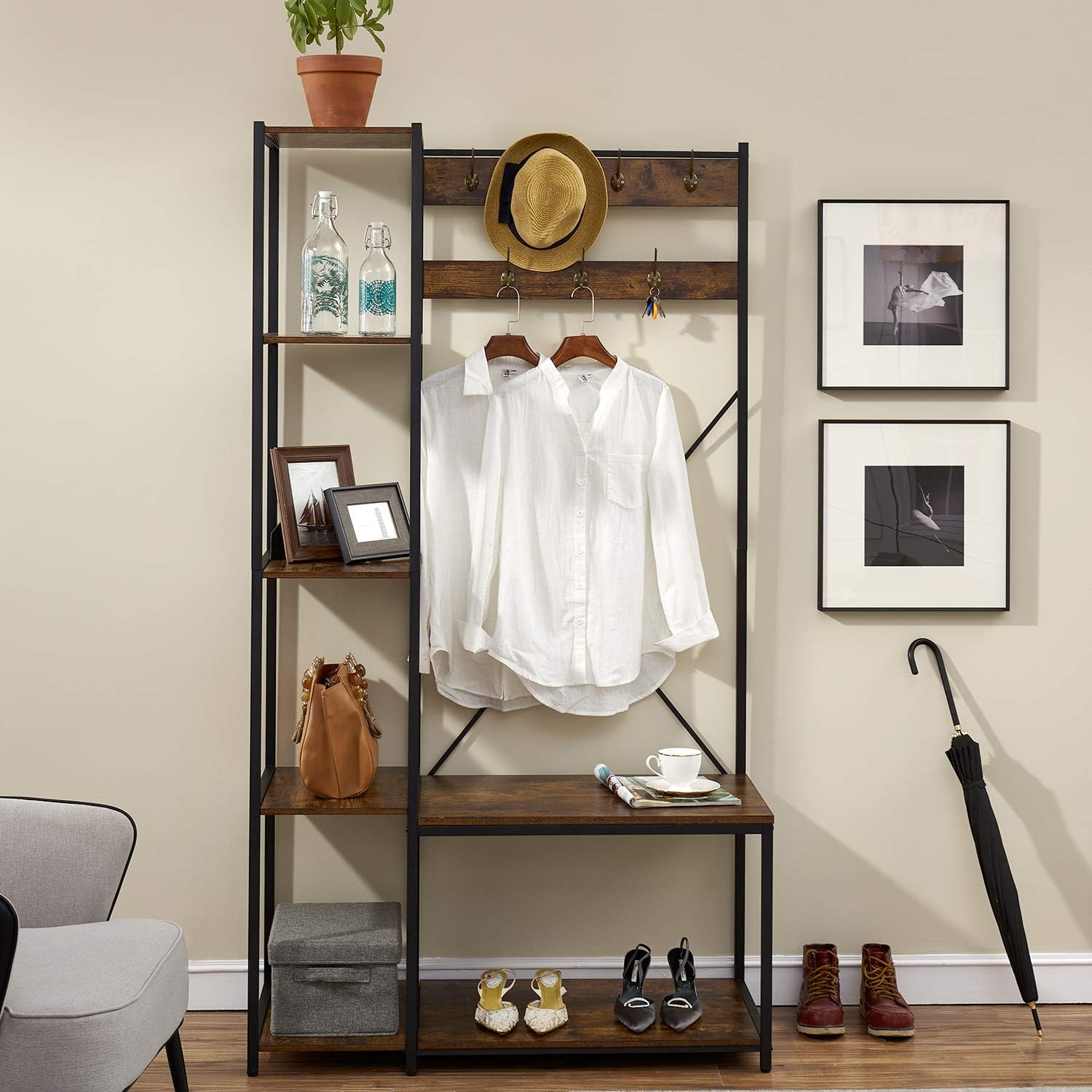VECELO Hall Trees, Coat Rack Stand, 4-in-1 Entry Furniture with Shoe Bench and 4 Side Shelves, 7 Hooks, X-Shape Stable Design for Storage and Dispaly, Metal Frame, Rustic Brown : Home & Kitchen