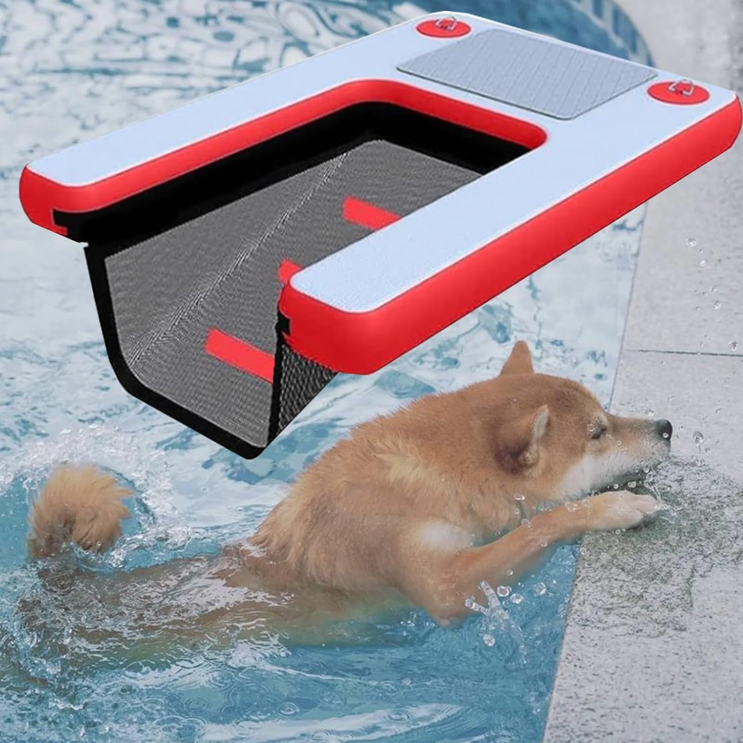 Heavy Duty Dog Boat Ramp for Large Dogs, Portable Inflatable Dog Water Ramp with with Inflatable Pump/Storage Bag, Fixed Float Floating Ramp with D-Ring & Rope(Pink)