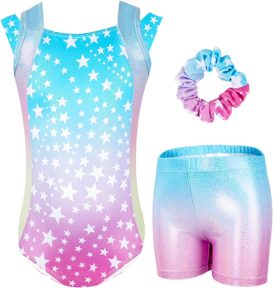 GogokidsGymnastics Leotards for Girls, Kids Glitter Stars Dance Unitards Biketards with Shorts, Matching Hair Scrunchie