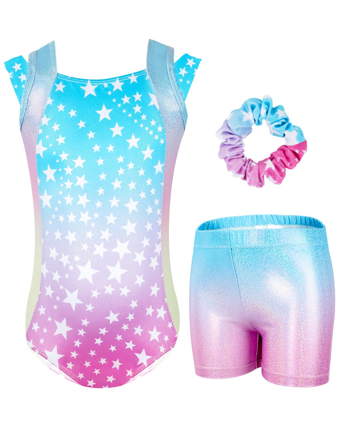 GogokidsGymnastics Leotards for Girls, Kids Glitter Stars Dance Unitards Biketards with Shorts, Matching Hair Scrunchie