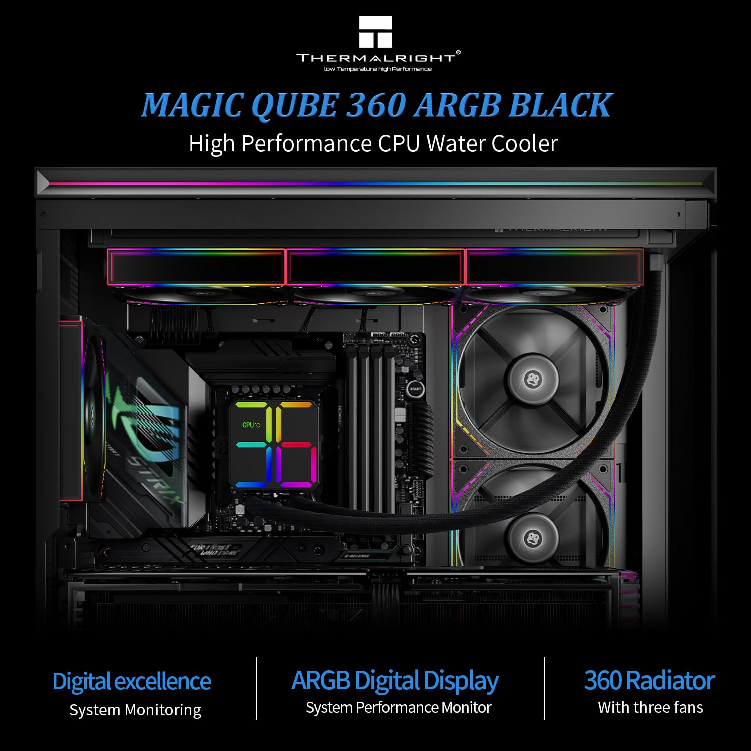 TR Magic Qube 360 ARGB - Enfriador de agua de CPU negro, ventilador PWM de empalme inalámbrico-ARGB Infinity Mirror, para Intel lga115x/1200/1700/1851, AMD/AM4/AM5, pantalla digital, cabezal frío