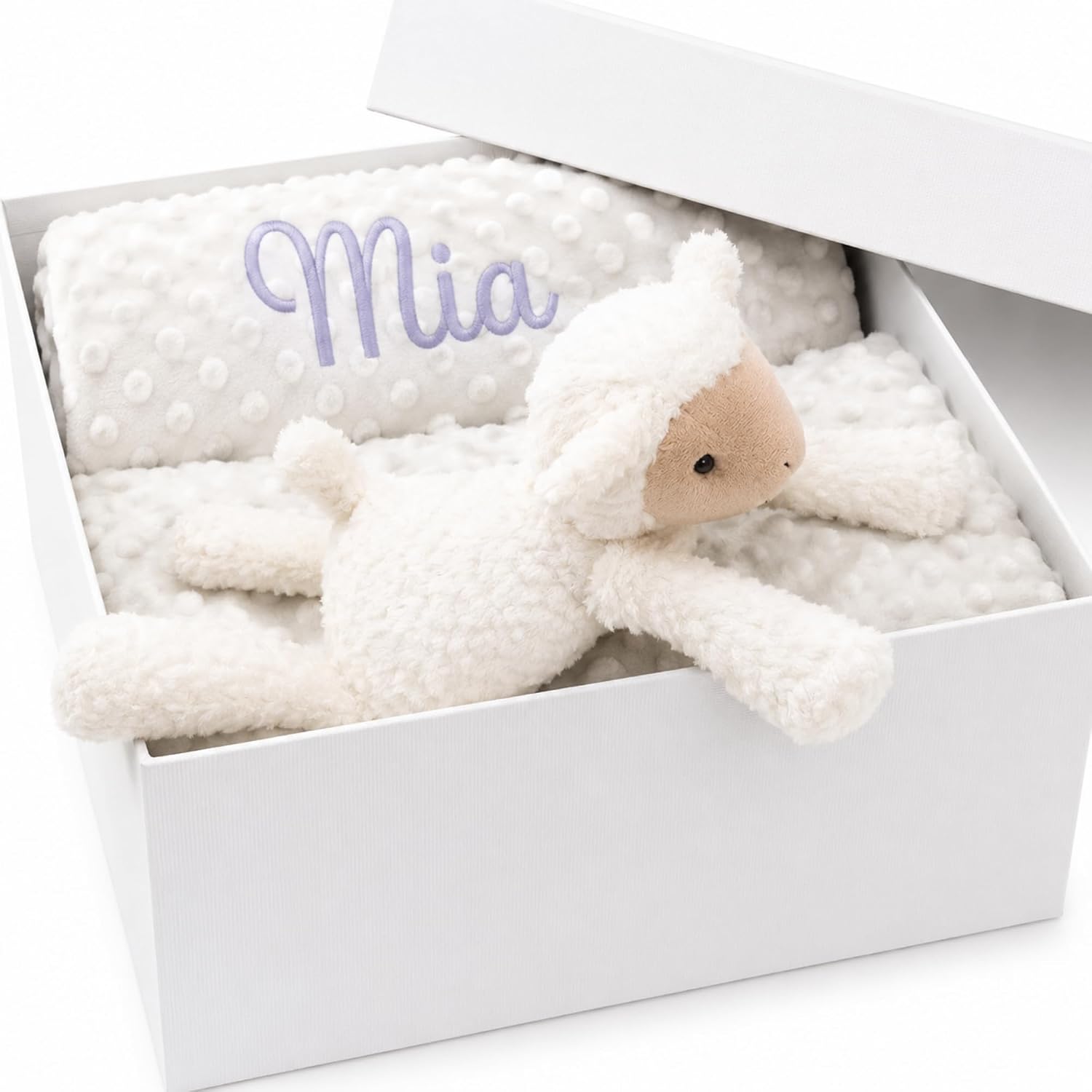 Personalized Baby Blanket with Optional Sheep Plush, Custom Minky Dot Blanket with Embroidered Name, Personalized 2-in-1 Infant Gift Set for Boys Girls Showering, Birthday(30"x40")