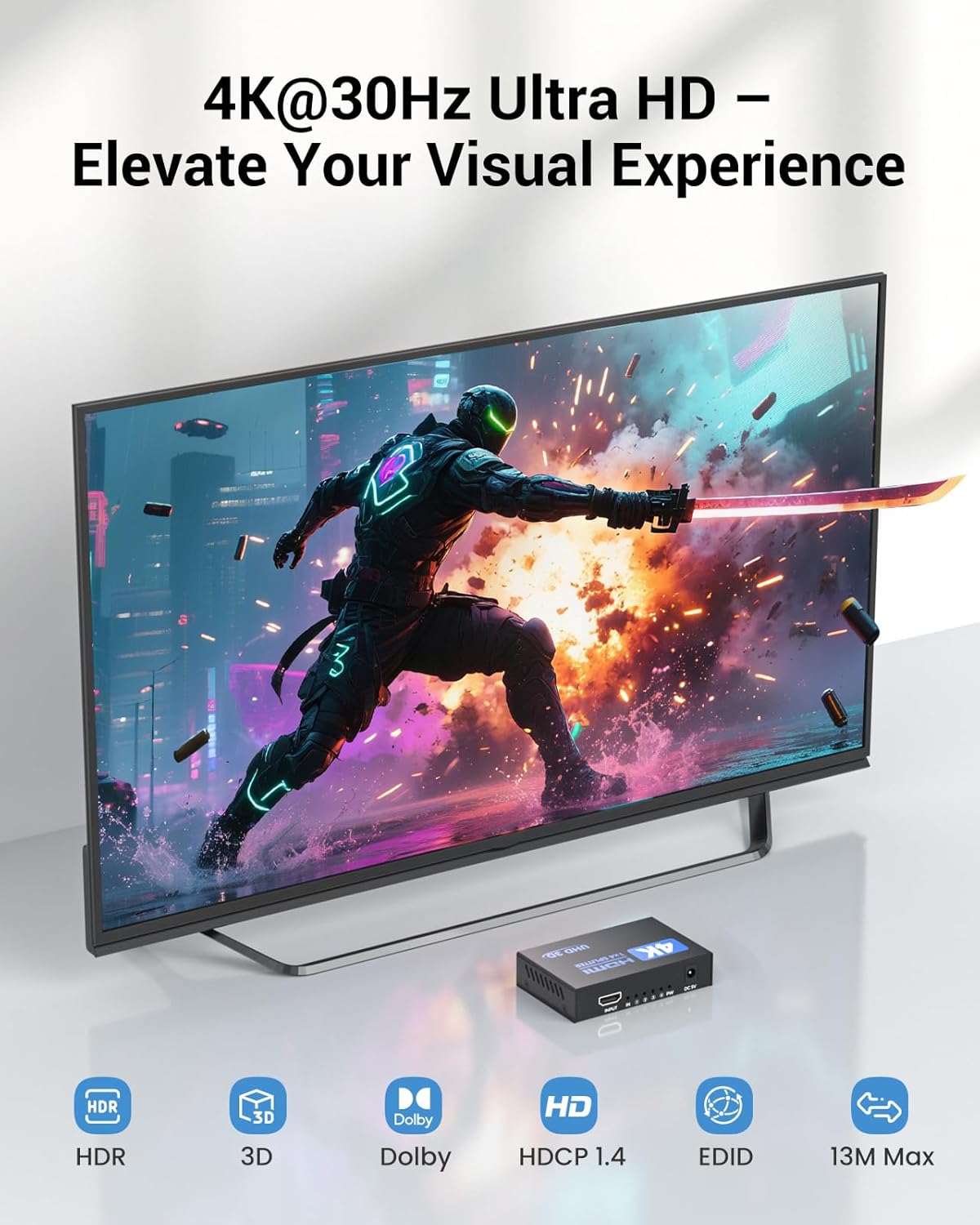 HDMI Splitter 1 in 4 Out, 4K Splitter for 4 Monitors, 4 Way HDMI Distribution, Multi HDMI Adapter for PC, Laptop, HDTV, Projector,1 Input 4 Outputs, Mirror Only, Not Extend