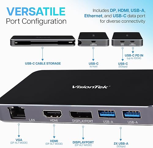 Miniatura 6 de VisionTek VT350 Hub portátil USB-C para monitor dual, 1 DP, 1 HDMI, 2 USB-A, 1 Ethernet, 1 USB-C para Windows/MacOS/ChromeOS/iOS