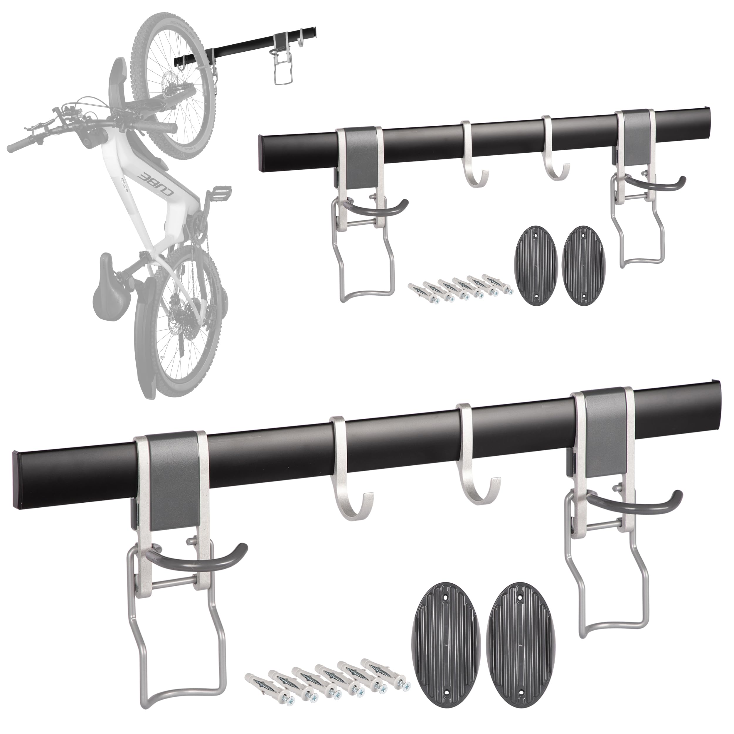 ONVAYA® Fahrrad-Wandhalterung 2er Set ǀ vertikale Halterung für bis zu vier Fahrräder ǀ mit Klick-System ǀ Haken für Helm und weiteres Zubehör ǀ Rennrad-Wandhalterung