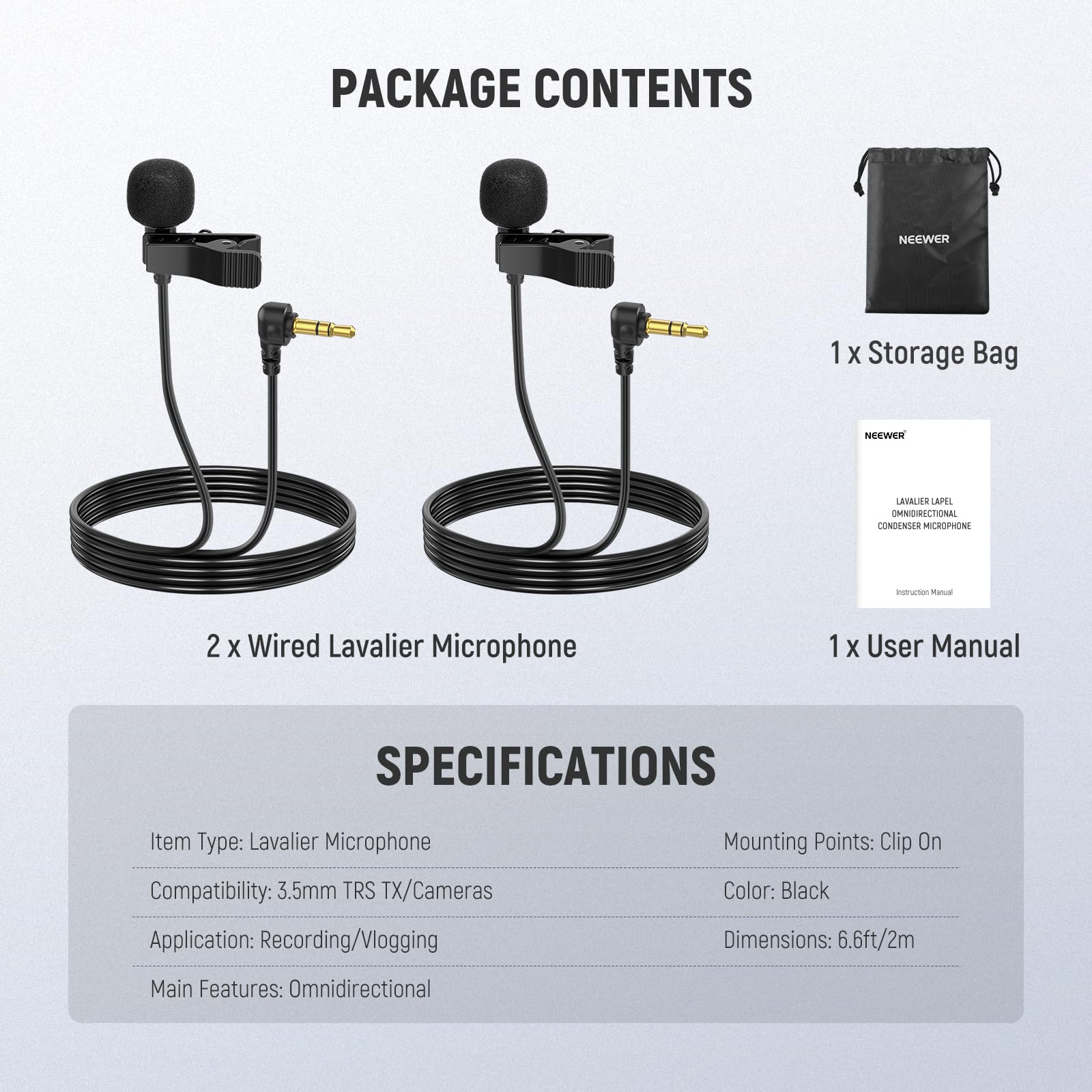 NEEWER 2 Mini Microfono Lavalier, Mic Lav Cablato 2m a Clip, TRS 3.5mm, Compatibile con DJI Mic 2 Rode Wireless Go II, NEEWER CM28 CM31 e Camera, LM5