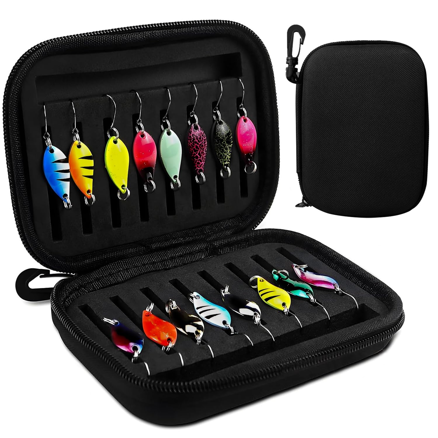 Voarge Set di 16 Mini Cucchiai da Pesca con Astuccio, Esca per Trota in Metallo Duro per Pesce Persico, Trota, Salmone