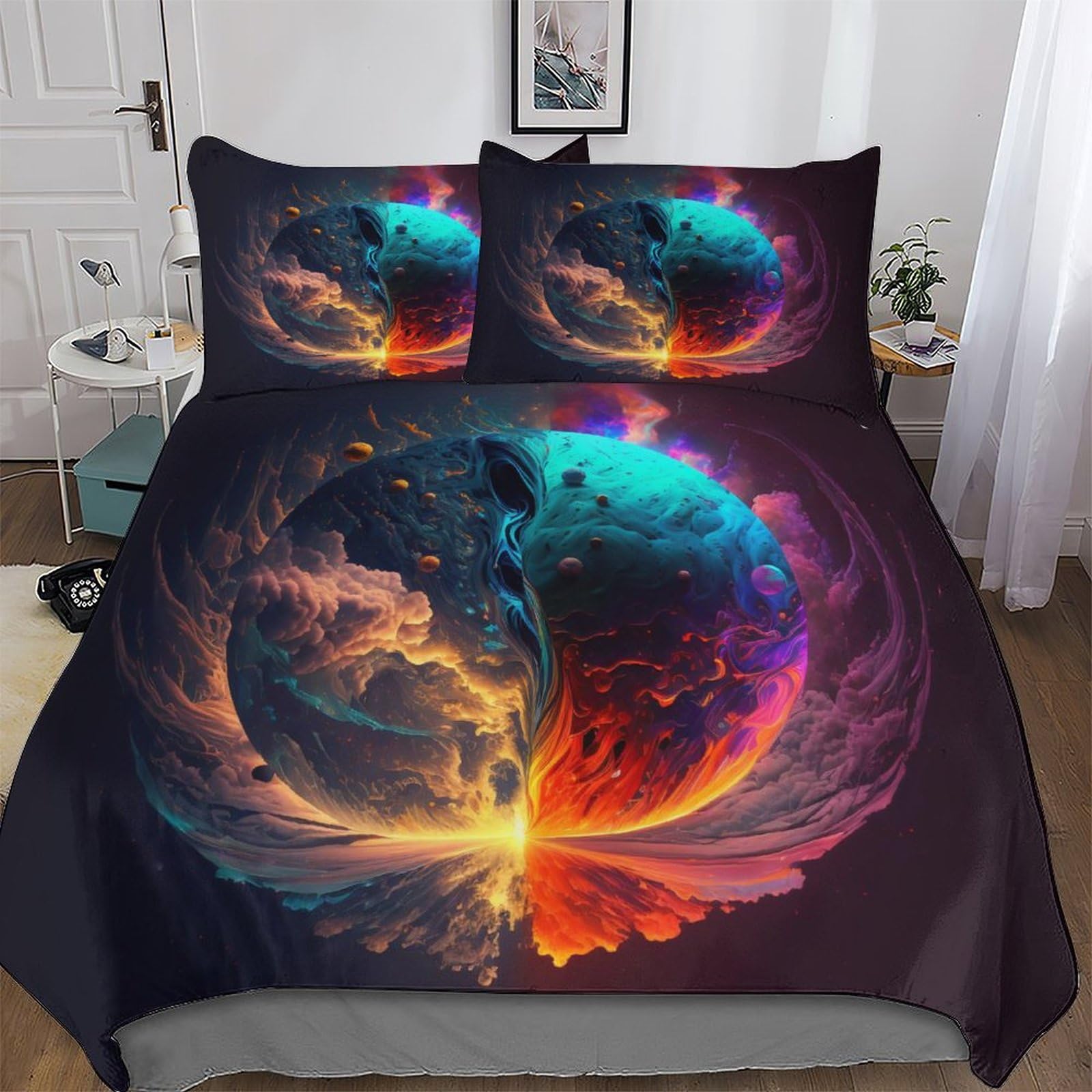 Housse de couette microfibre planète spatiale 3 pièces 200x200cm avec fermeture éclair