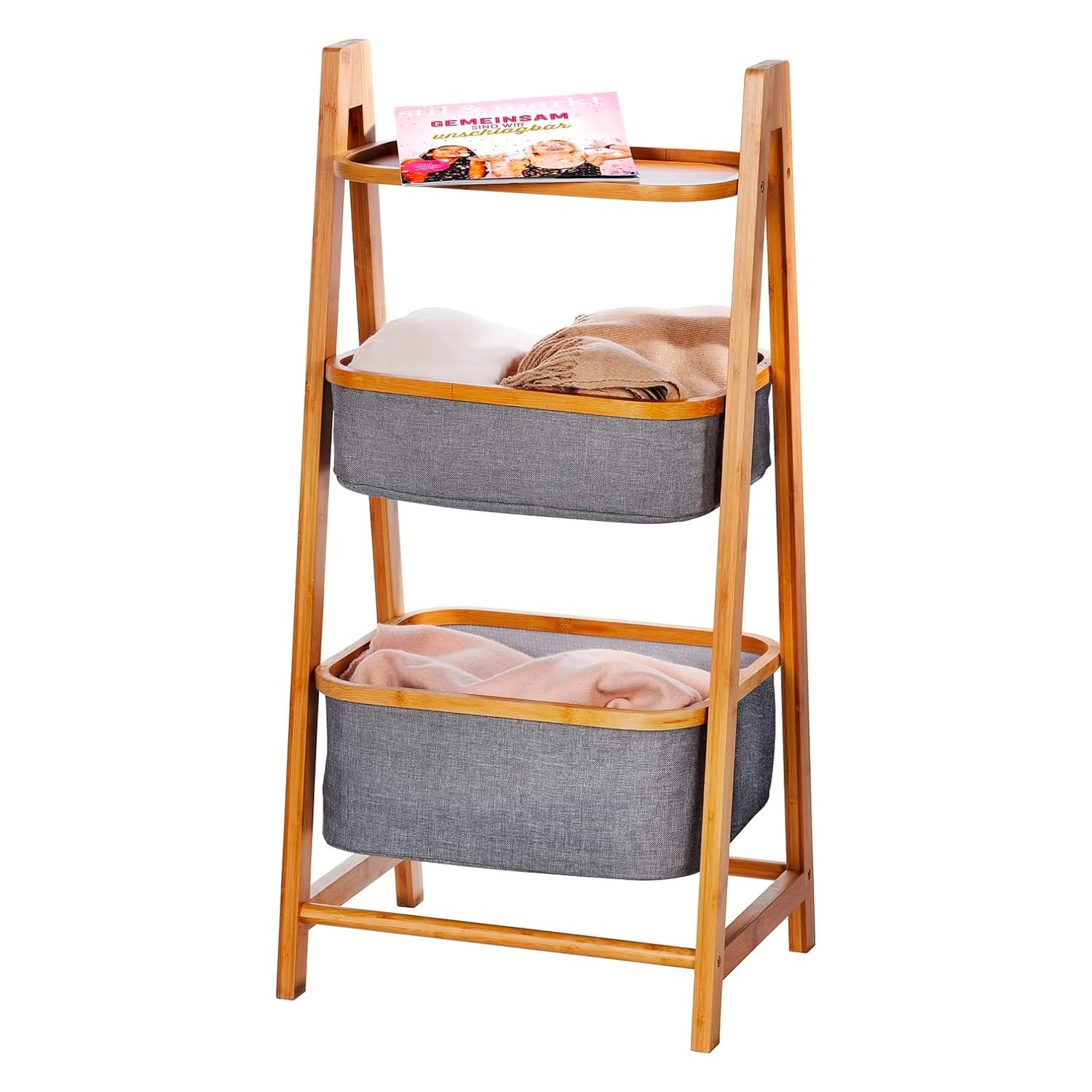 Avilia Bamboo Storage Shelf with 2 Polyester Laundry Baskets and One Shelf for Bedroom and Bathroom, 33 x 45 x 99 cm