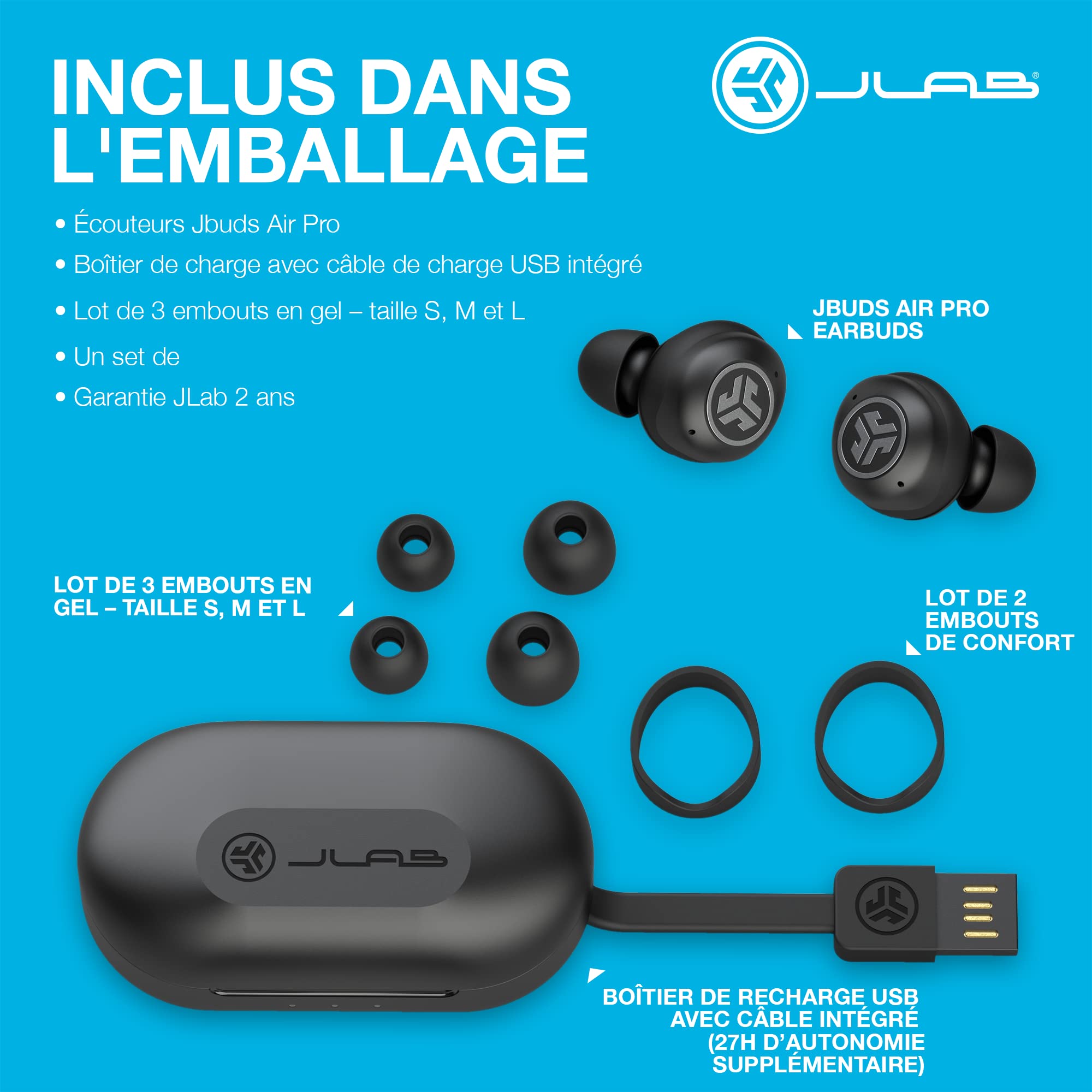 JLab JBuds Air Pro Écouteurs Bluetooth sans Fil - Tile Tracker, Noir