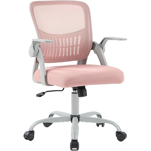 DUMOS Home Office Computer Chair - Ergonomic Mid Back Desk with Lumbar Support and Rocking Mode, Height Adjustable with Flip-up Armrest, for Conference Meeting Room, 360° Swivel, Adults, Pink