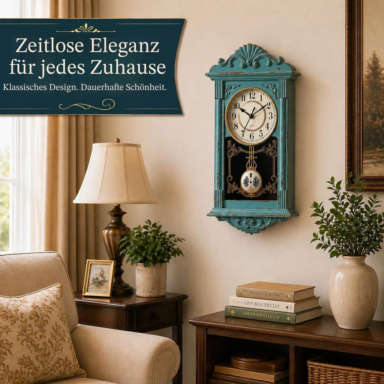 Clockswise Vintage Großvater Holzoptik Kunststoff Pendel Dekorative Batteriebetriebene Wanduhr für Büro, Heimdekoration, Wohnzimmer, Küche oder Esszimmer, Blau mit Gold Distressed Design