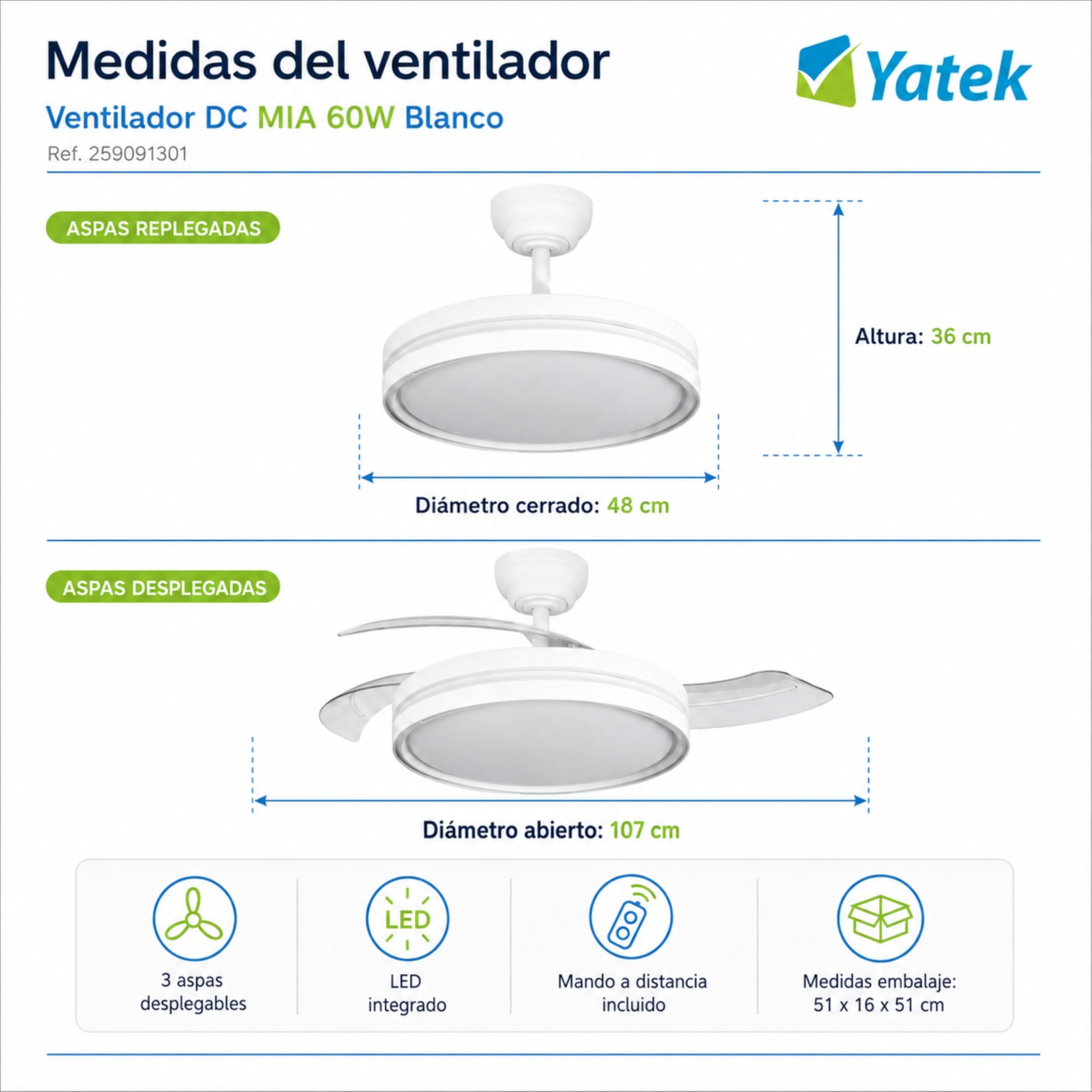 YATEK Mia - Ventilador de Techo con Luz LED 60W y Aspas Retráctiles, Motor DC Ultrasilencioso, 107 cm, Mando a Distancia, Regulable 3 Tonos, Función Verano/Invierno, Plafón Moderno, Blanco