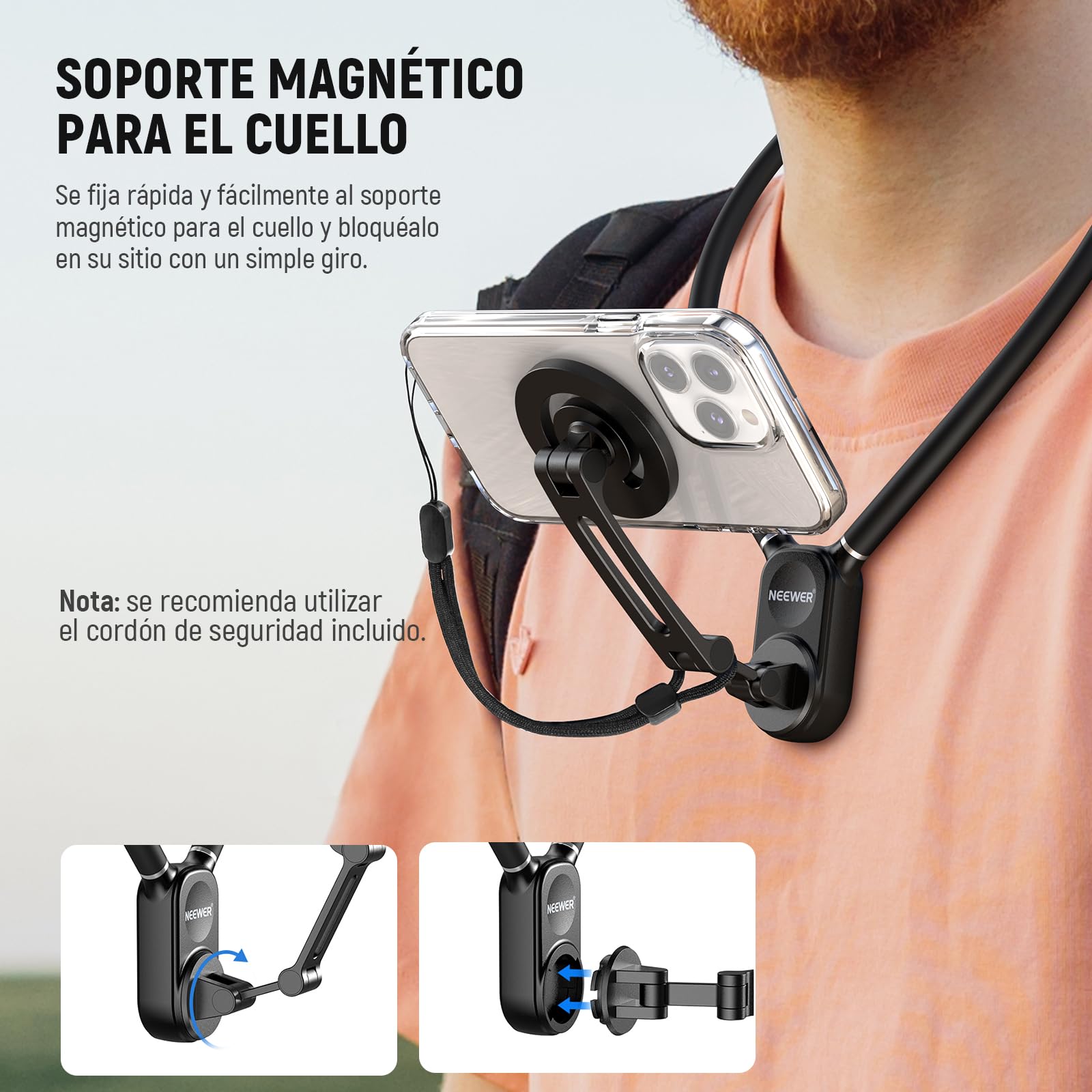 NEEWER GP-16 - Soporte magnético de Cuello para cámara de acción y teléfono con paño de Limpieza, Soporte para móvil de Pecho para grabación de vídeo POV Vlog, Compatible con GoPro dji Insta360