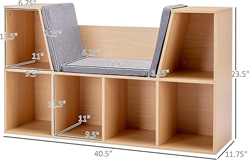 Miniatura 3 de HOMCOM Estantería infantil de 6 compartimentos con rincón de lectura y cojín, organizador de almacenamiento multiusos para dormitorio, sala de