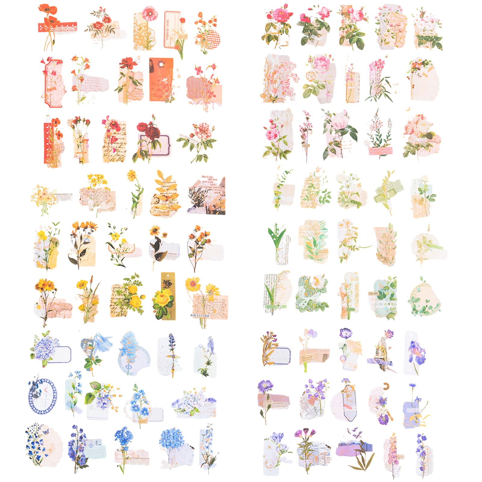 Fadcaer Paquete de 180 calcomanías de flores para álbumes de recortes, 6 estilos autoadhesivos de papel de estilo floral, calcomanías decorativas de flores naturales de lámina dorada, calcomanías