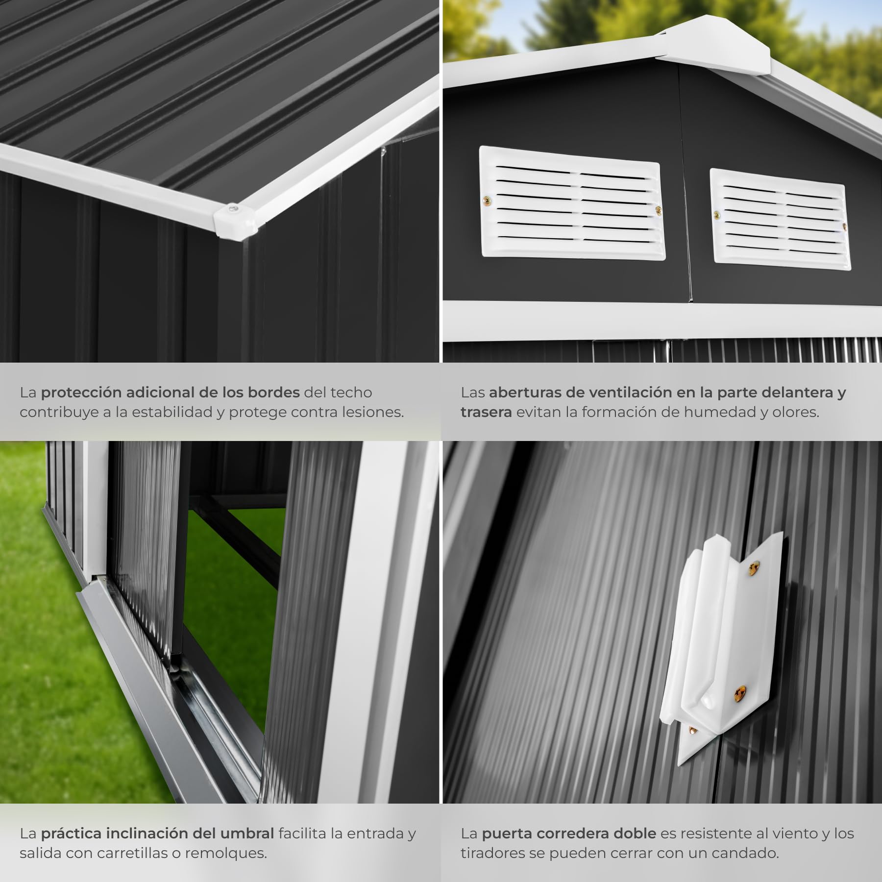 tectake® Cobertizo Jardín Metálico, Caseta Jardin Exterior, Almacenaje Herramientas Jardín, Bicicletas, Armario Jardin Exterior Metálico, Puerta Corredera, Volumen de 4,2 m³ - Gris/Blanco