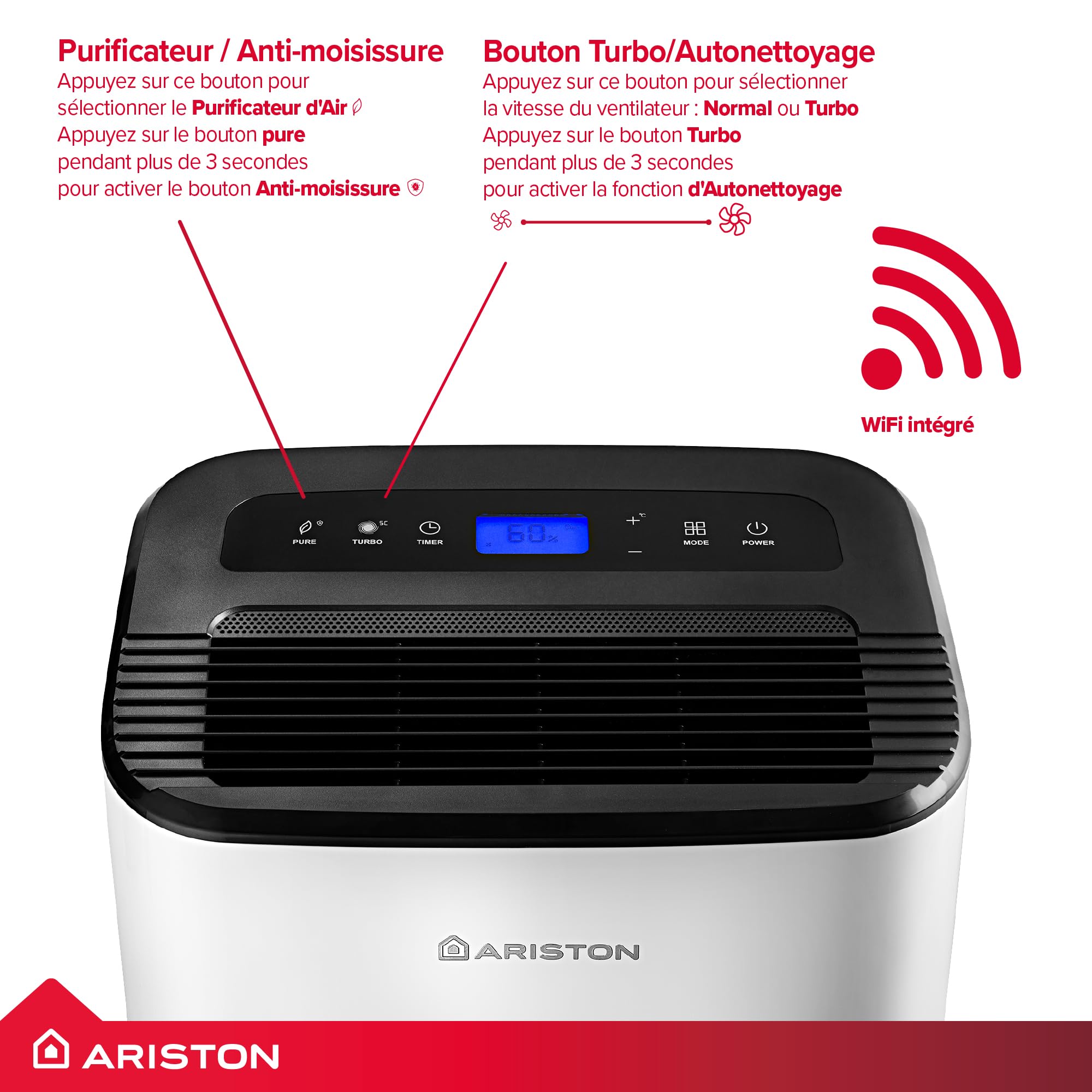 Ariston Deos 21S Net WiFi - Déshumidificateur Portable Haut de gamme 21L - Contrôle Électronique du niveau d’Humidité - Fonction Buanderie, Silencieux, pour des pièces allant jusqu'à 52 m²