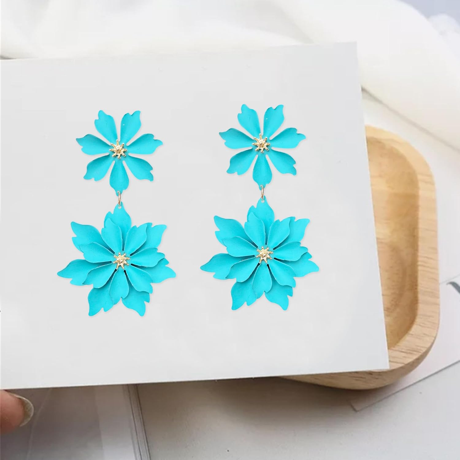 Handmade Bohemian Large Matte Double Flower Dangle Drop Earrings Metal floral Stud Earrings For Women Statement Wedding Holiday Jewelry Gifts - Image 6