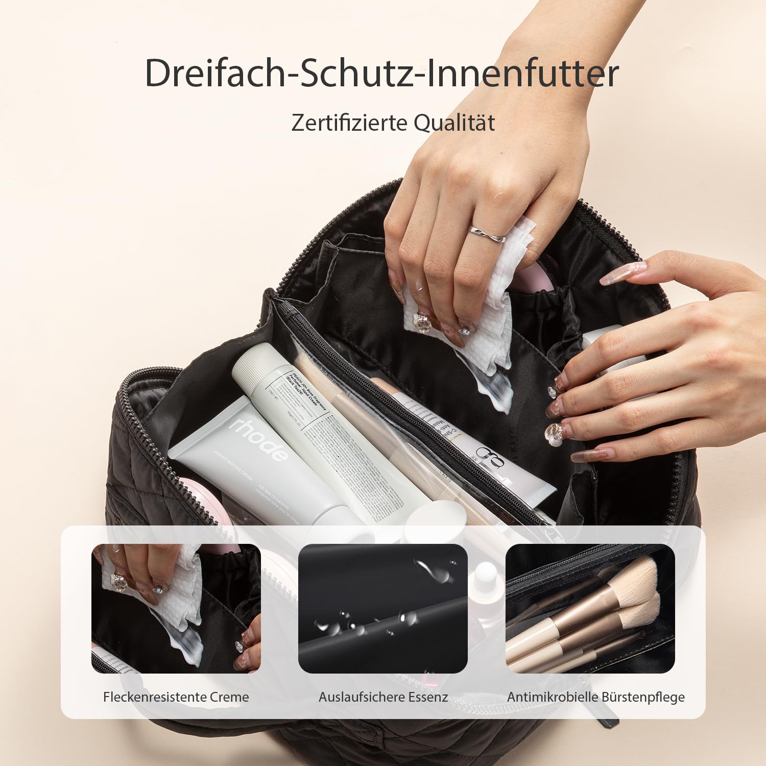 LOVEVOOK Kosmetiktasche Damen, Kulturtasche Organizer mit fächern, Wasserdichter Puffer Kulturbeutel, Schminktasche mit 180°-Flachdesign Groß, Wäschemaschinenfeste Make up Tasche für Reisen, Schwarz