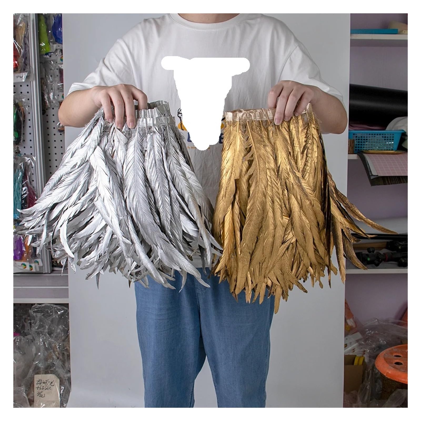 Plumes de coq dorées/argentées, 1 mètre, garniture de queue, 25-40CM, Plumes de poulet, ruban à franges for travaux d'aiguille, décoration de couture de vêtements(Golden,35-40CM)