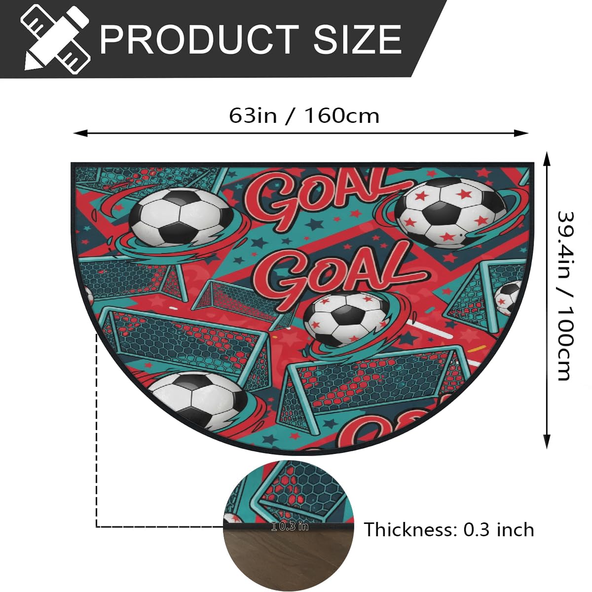 Große halbrunde Fußmatte, Fußballtor, rutschfest, saugfähig, halbrund, Eingangsbereich, niedlich, weich, halbrund, waschbar, Teppich für Küche, Badezimmer, Schlafzimmer, 160 x 100 cm