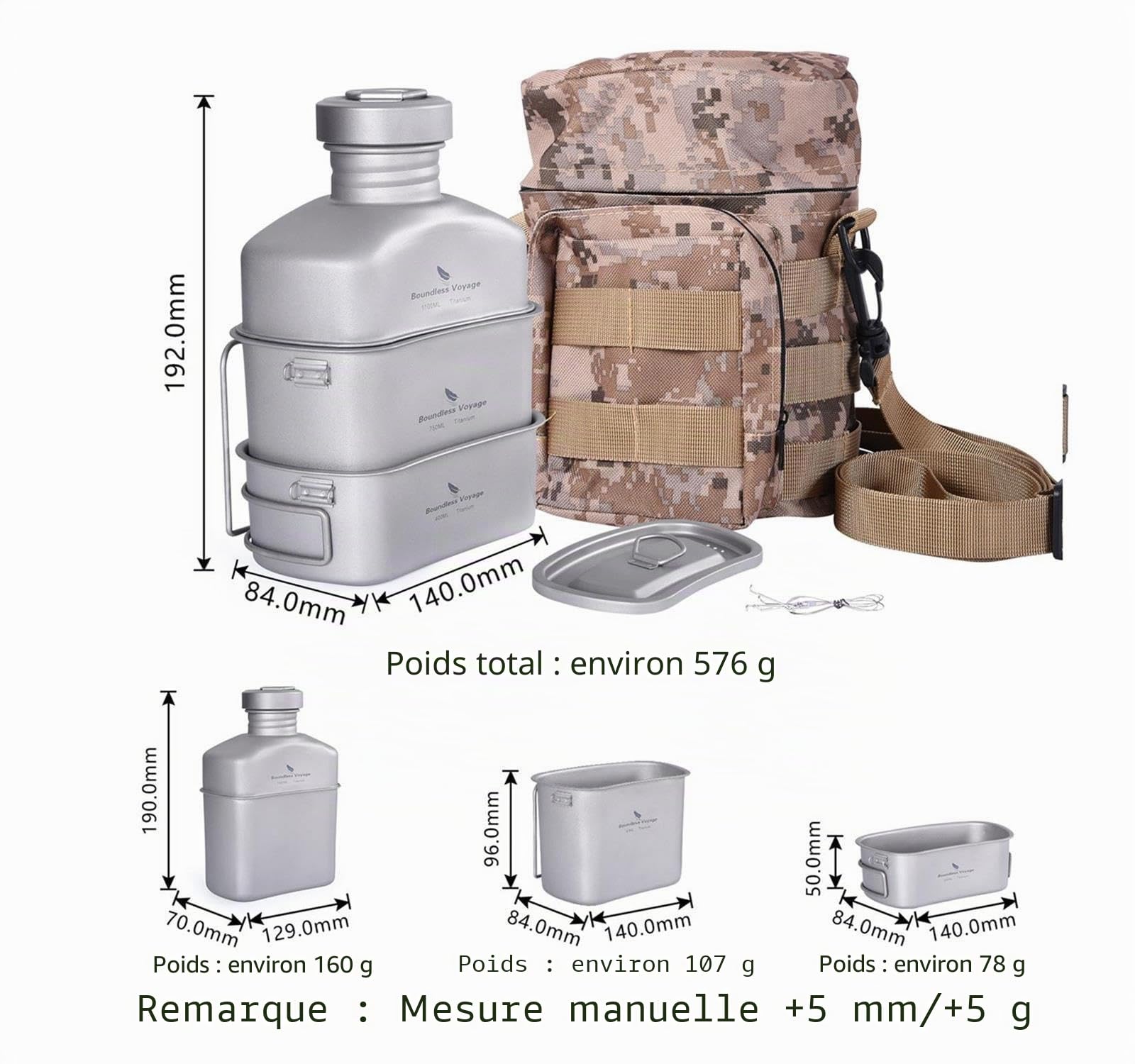 Boundless Voyage Titanium Cantine Kit de désordre avec Sac Camouflage Grande capacité en Forme de Rein avec Couvercle et chaîne de Suspension