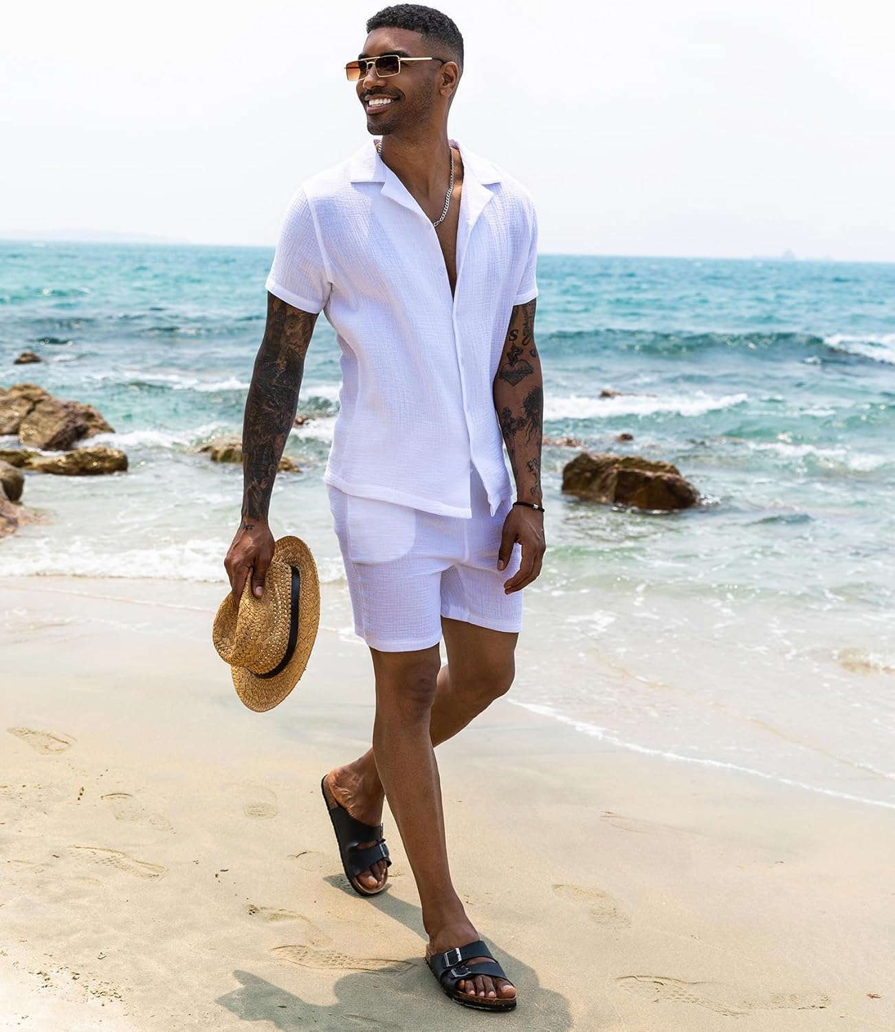 URRU Mens 2 Piece Outfits Summer Fashion Short Sleeve Shirt and Shorts Set Beach Tropical Vacation Outfits Sets - Image 2