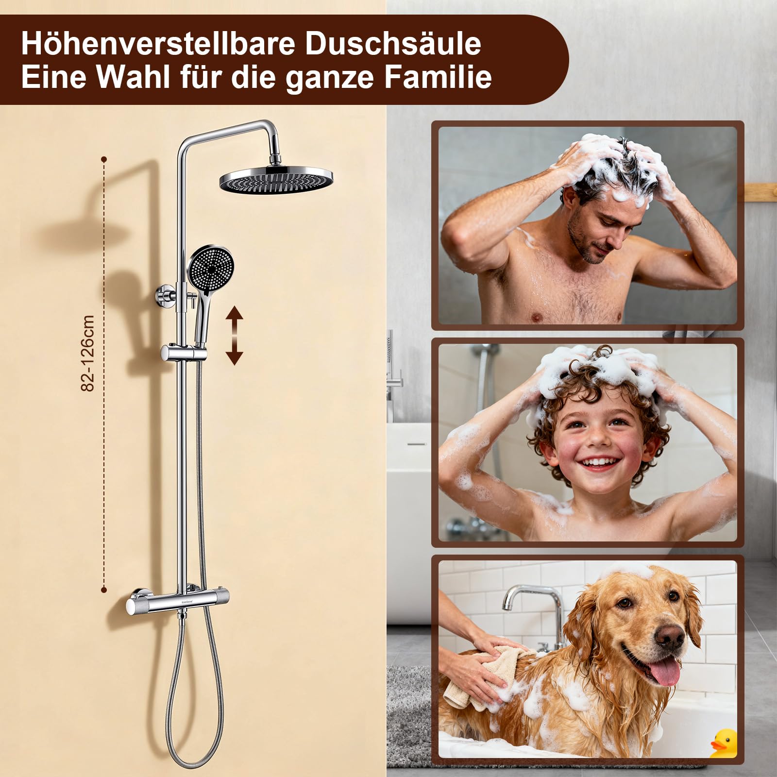 Duschsystem Komplettset Mit Thermostat 25cm Regendusche & 3 Strahlarten-Handbrause Thermostat mit rutschfestem Drehknopf & Anti-Verbrühung Höhenverstellbar Edelstahl Wassersparend