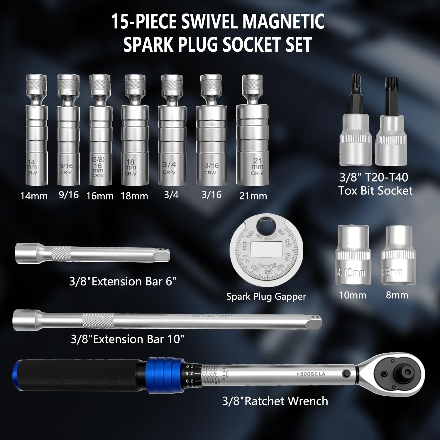 ZKTOOL 15 szt., uniwersalny magnetyczny klucz do świec zapłonowych, 14 mm, 16 mm, 18 mm, 21 mm, 9/40.6 cm, 5/20.3 cm, 3/10.2 cm i 13/40.6 cm narzędzia do usuwania świec zapłonowych, zawiera klucz