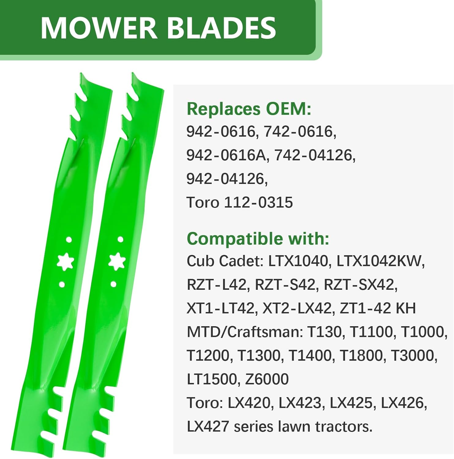 942-0616 Blades Fit for 42 inch Cub Cadet LT1042 RZT42 MTD Craftsman T1000 T3000 LT1500 LT1800 Troy Bilt Pony Bronco Toro LX420 Series Mower Deck Replace 742-0616 942-0616 742-04126, 2 Pack