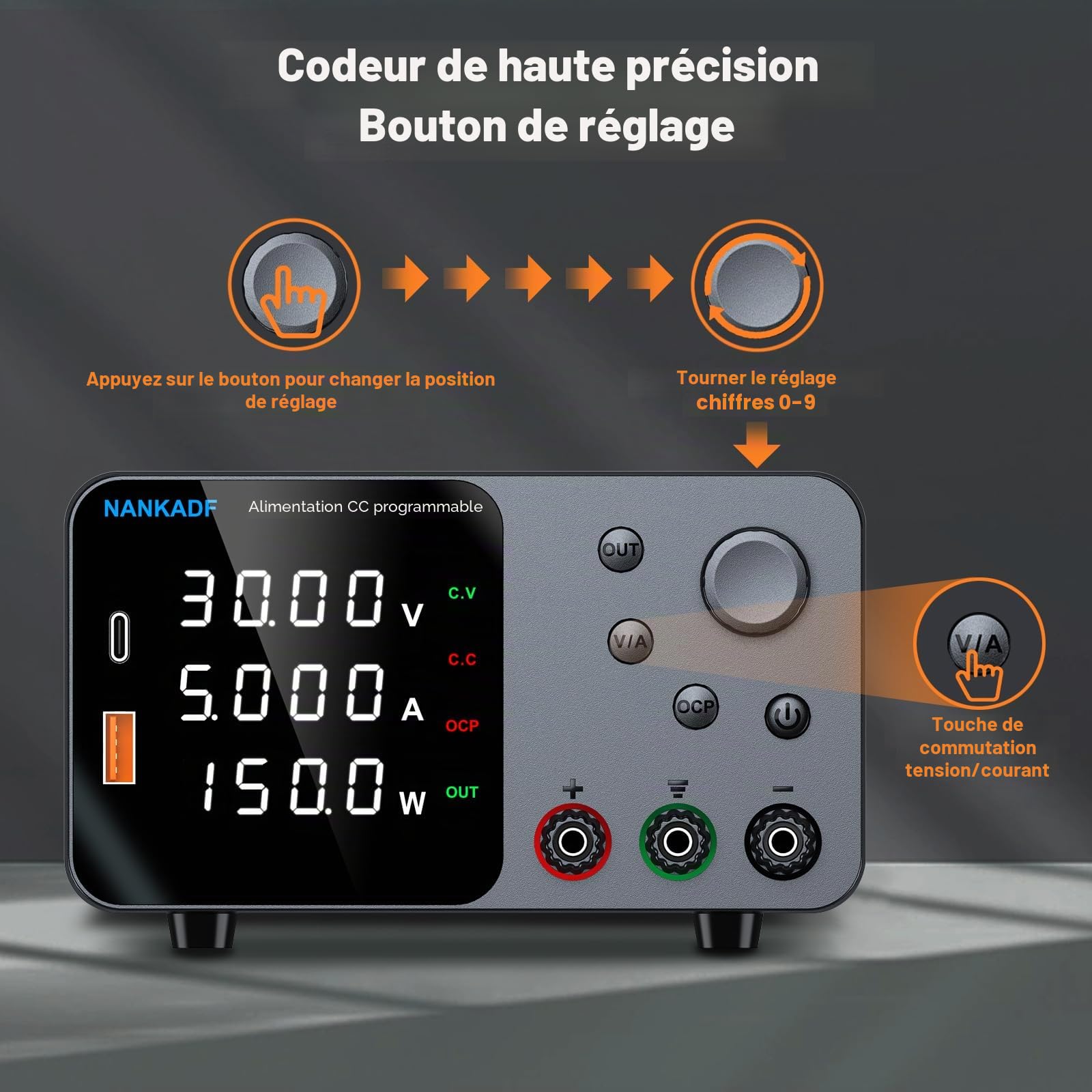 Alimentation de Laboratoire, Alimentation DC Ajustable avec Interface USB-A/Type-c, Bouton de réglage du codeur pour la Maintenance des équipements électroniques et de Laboratoire (30V 5A)