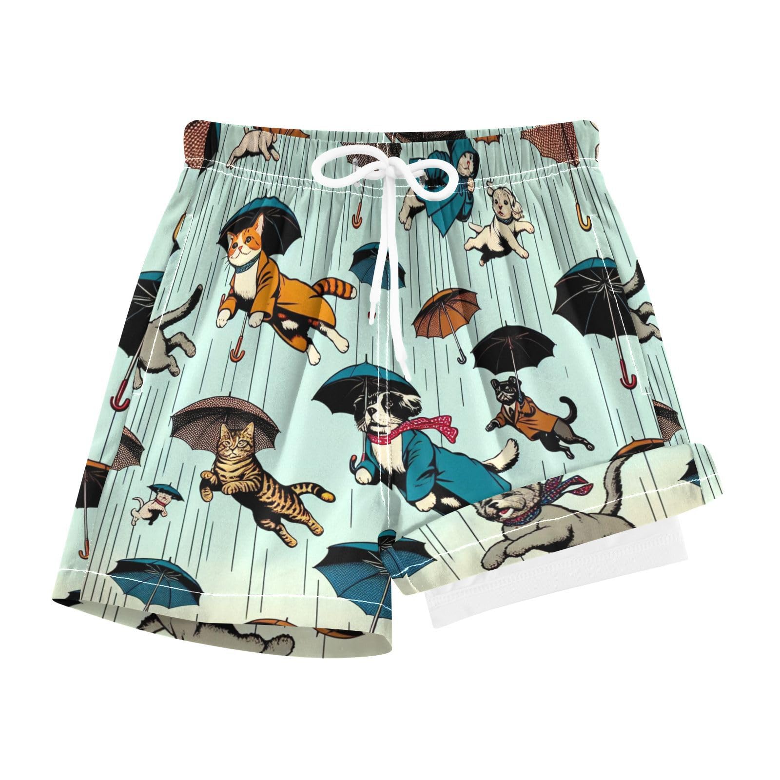 YANENDIE Boy Swim Trunks with Compression Liner Cats and Dogs Boys Swim Shorts Quick Dry Beach Shorts