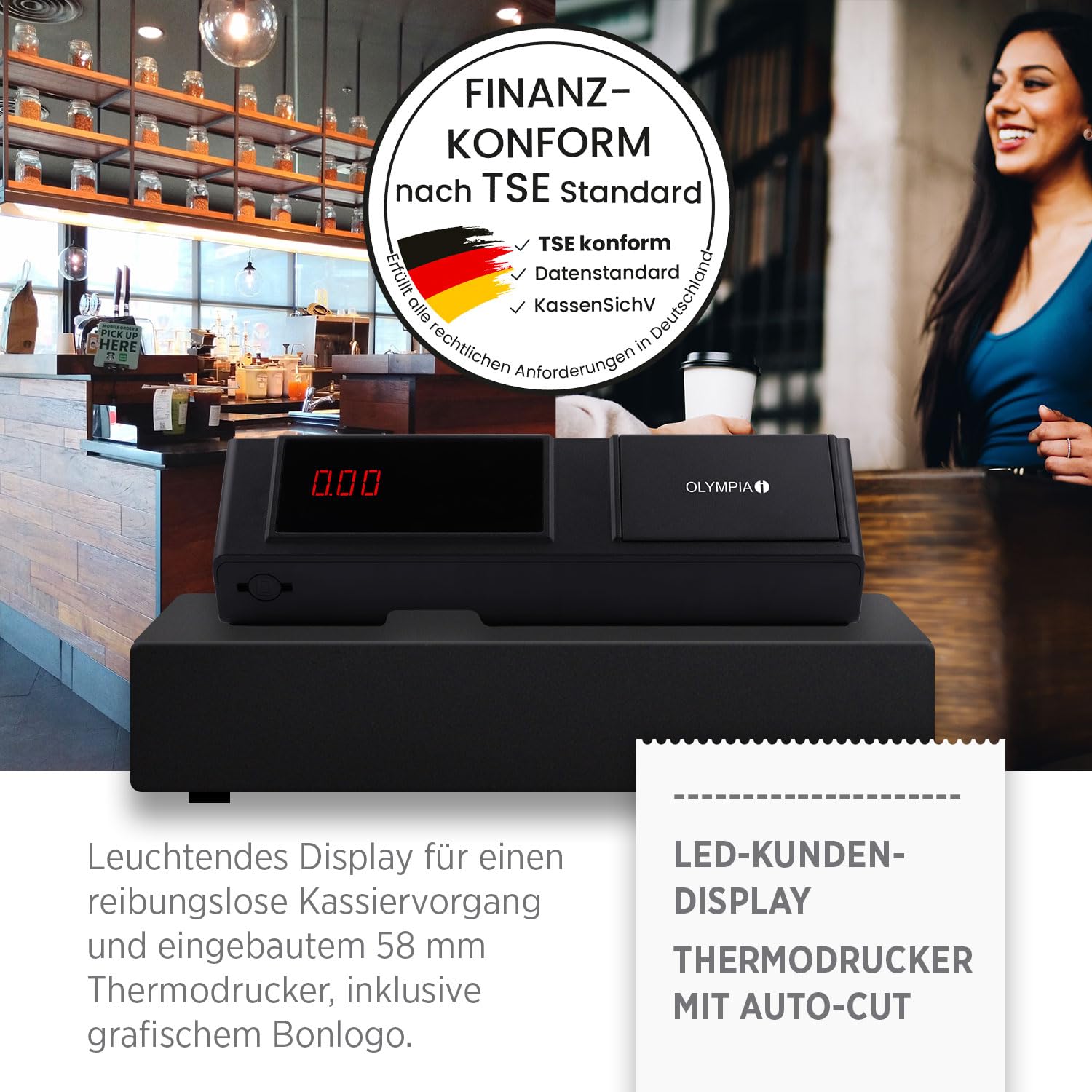 Olympia K100 Registrierkasse LED Kundenanzeige 58mm Thermodrucker Android 11 Hubtastatur 39 Tasten Kassenschublade