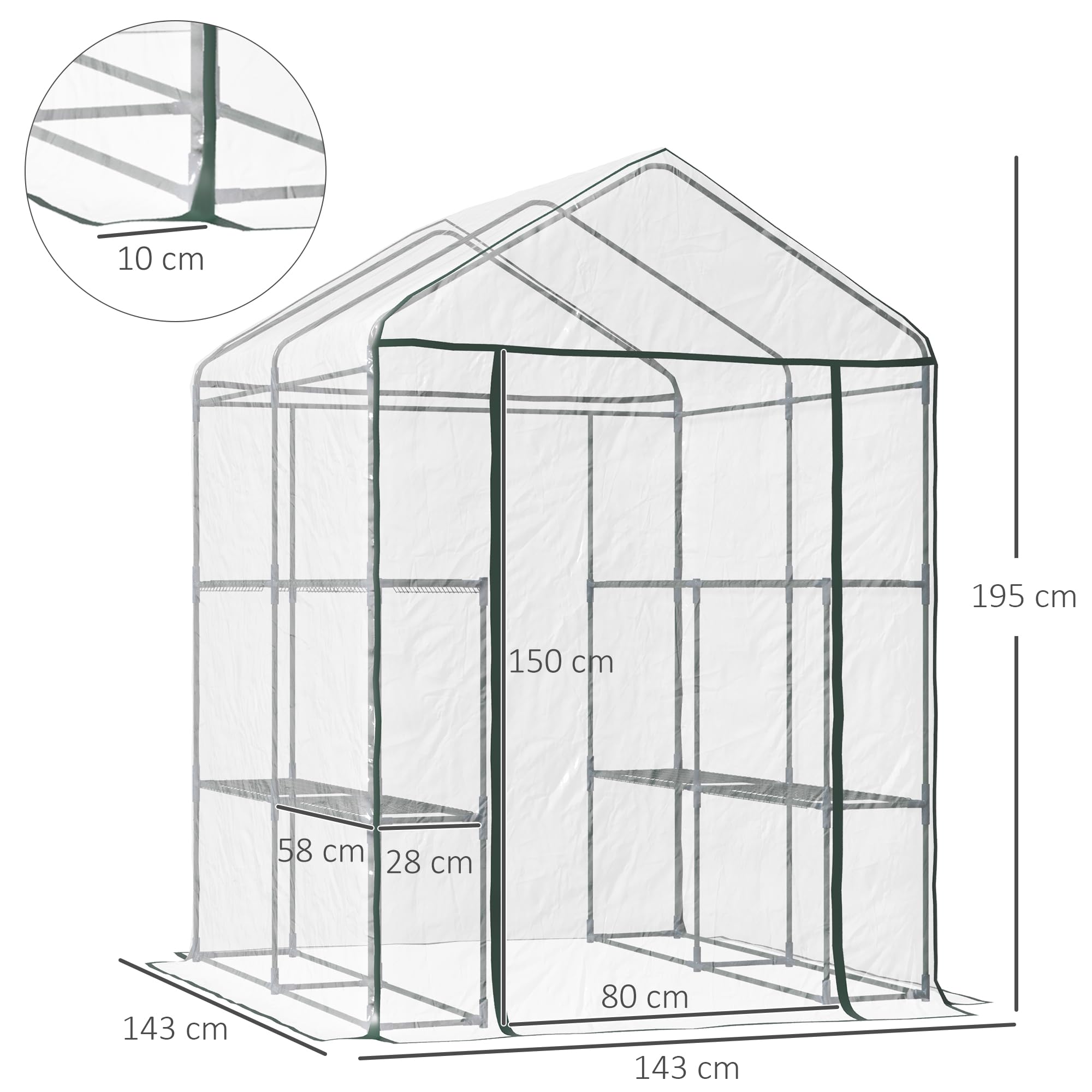 Outsunny Szklarnia Foliowa Z Półkami PCW + Stal 143 X 143 X 195 Cm