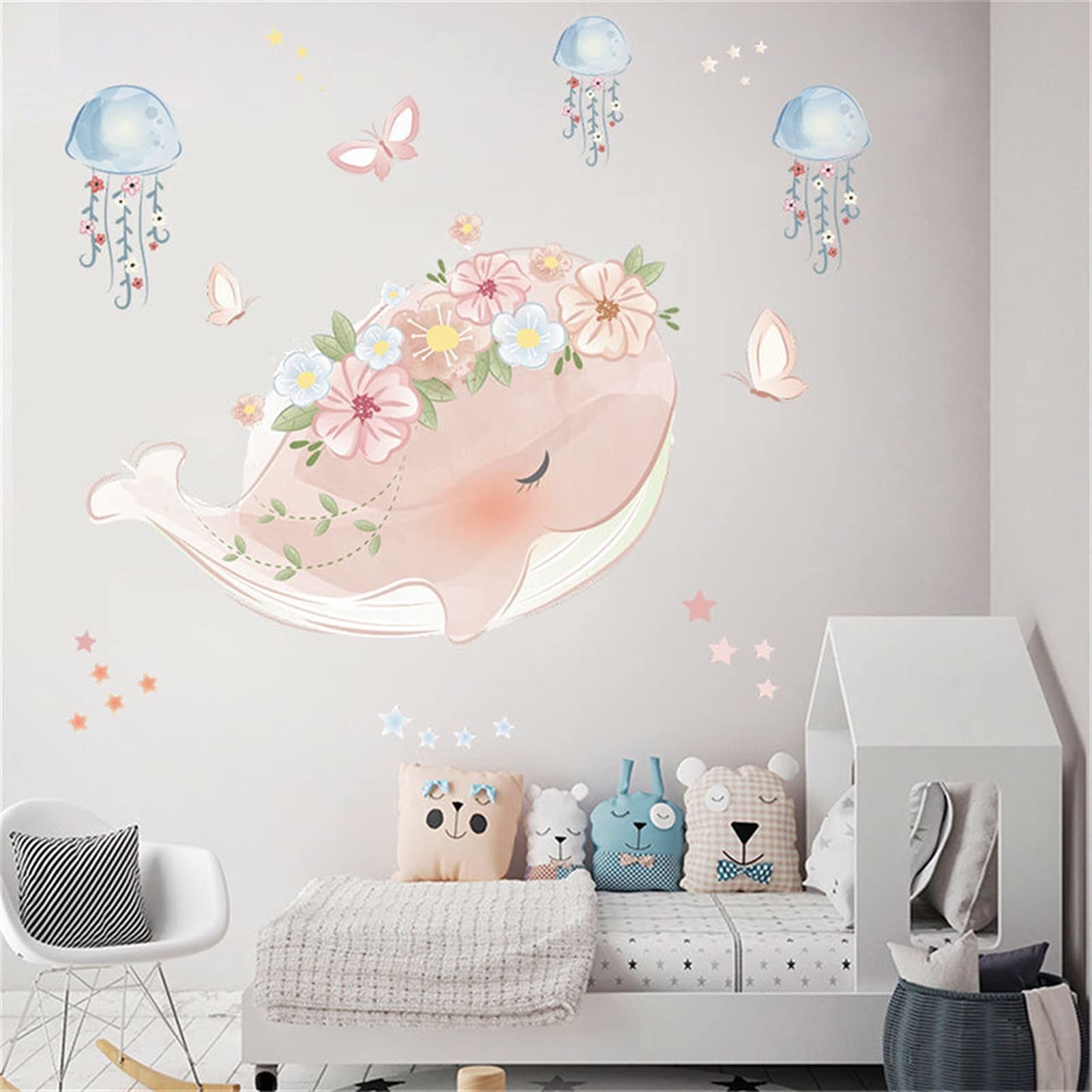 caihuashopping Różowy wieniec wieloryb meduza naklejka ścienna do pokoju dziecięcego dekoracja przedszkola tapeta odklej i przyklej winyl dziecko DIY kalkomania mural