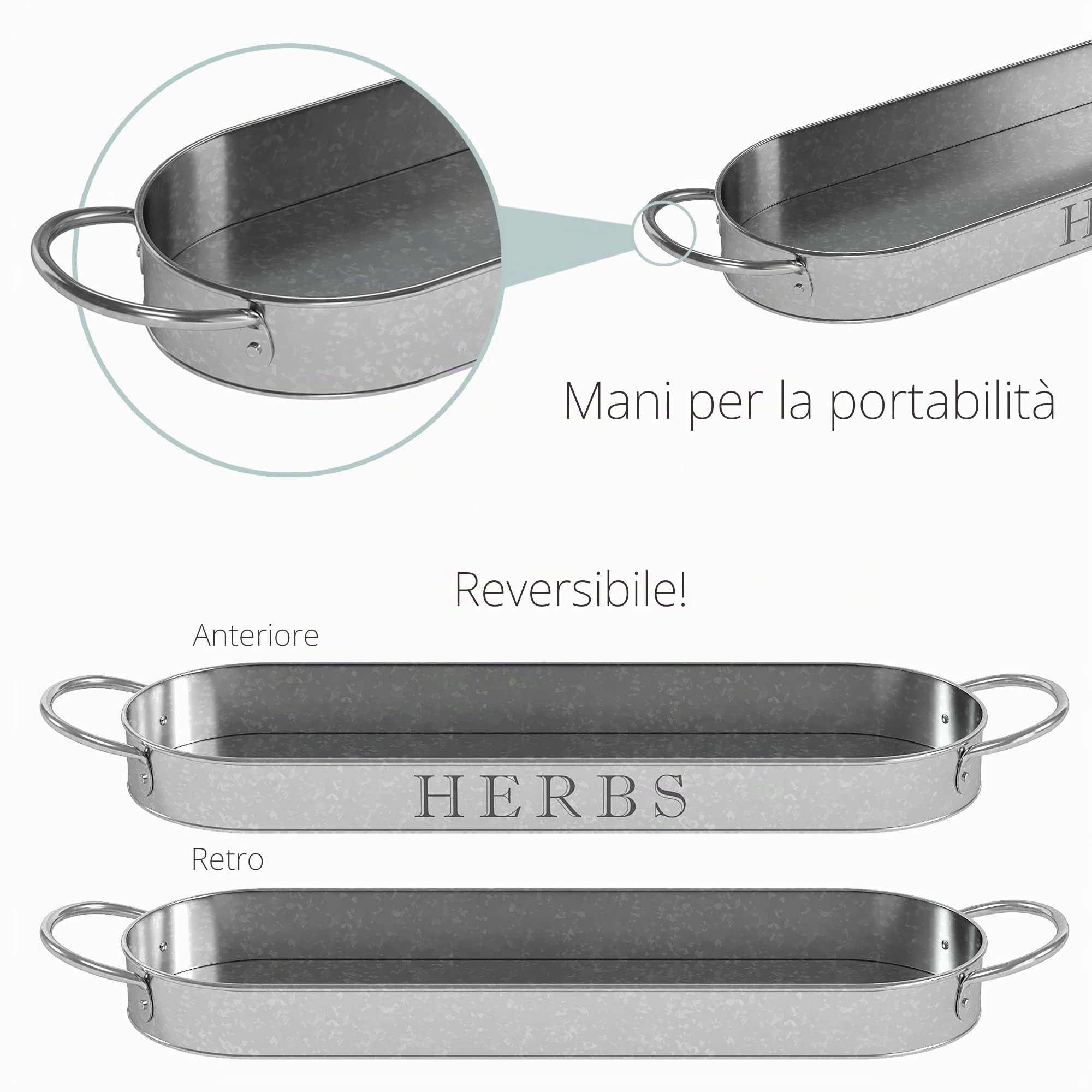 Barnyard Designs Set di fioriere per erbe aromatiche con vassoio, per giardino interno o esterno, vasi decorativi in metallo zincato, per cucina, (set da 3, 11 x 10 cm, su 32 x 10 cm)