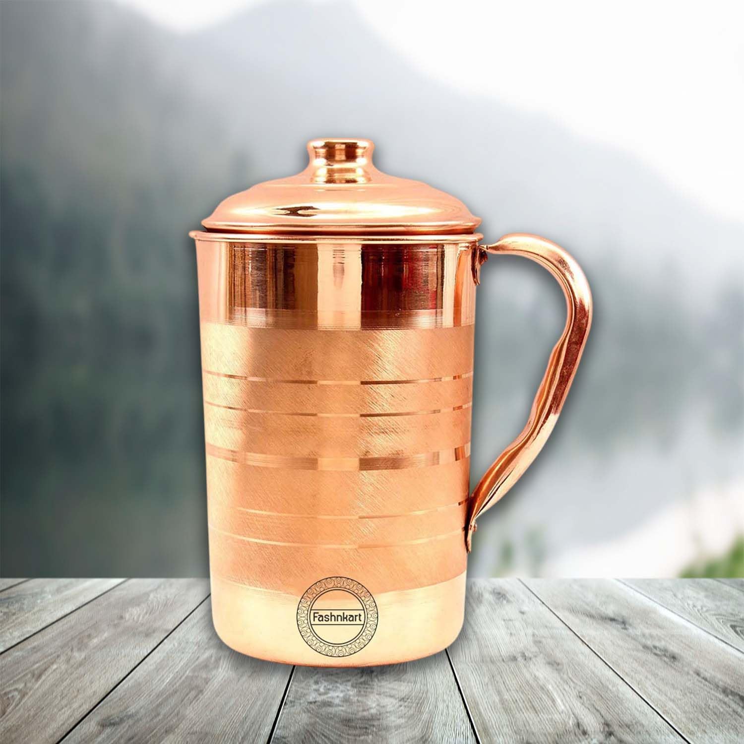 Brocca in rame puro per i benefici per la salute ayurvedici Brocca per acqua in rame artigianale da 1,5 litri con coperchio abbinato | per servire più acqua in famiglia