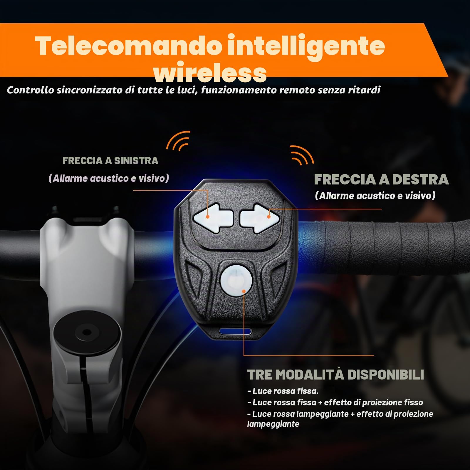4 X Indicatori di direzione per bici con proiettore 5 modalità Fanale posteriore per bici ricaricabile tramite USB, telecomando Indicatore per bicicletta diviso anteriore e posteriore