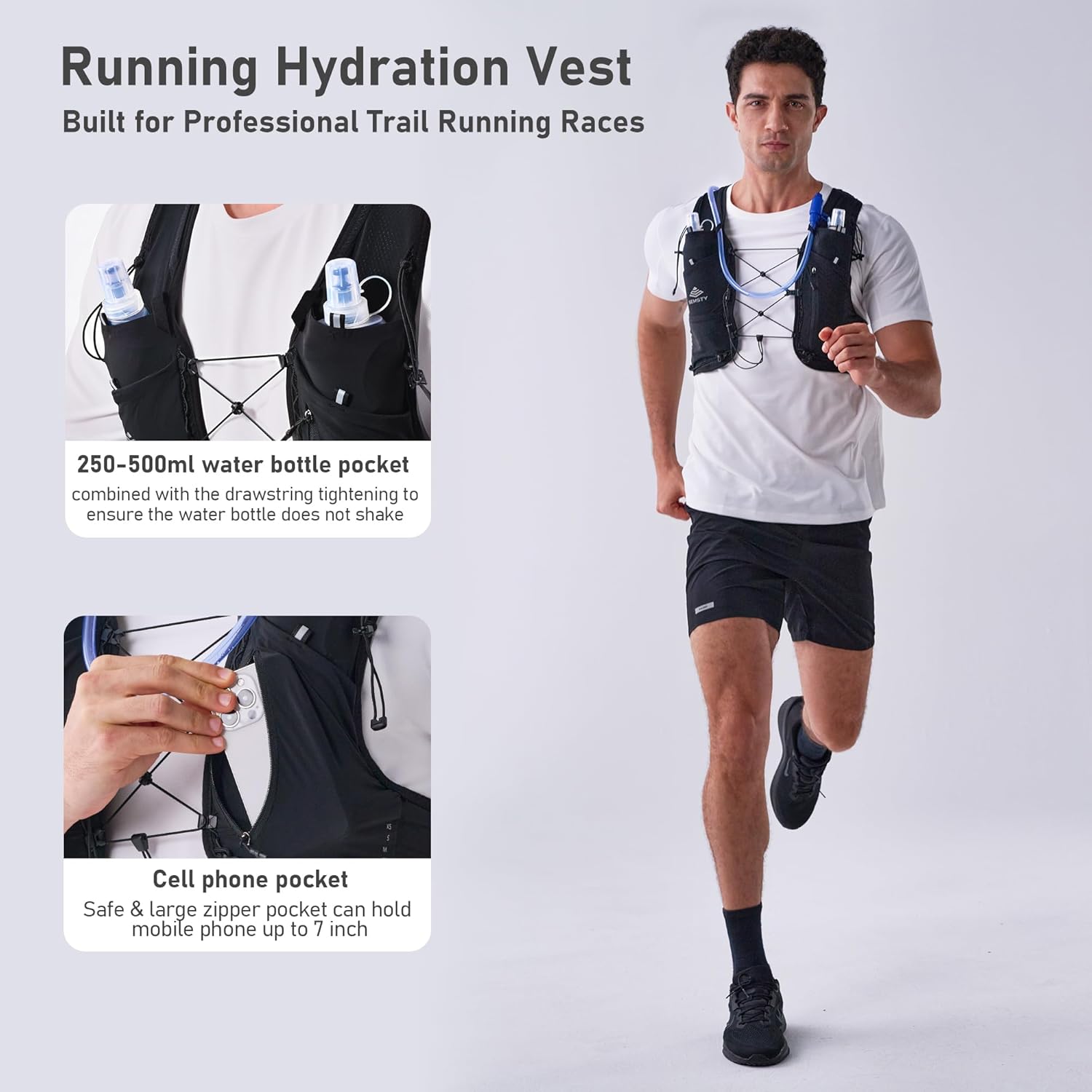 Running Hydration Vest 5L, Running Backpack with 2x500ml Soft Flask, Lightweight Water Backpack Reflective Trail Running Vest for Running Hiking Cycling
