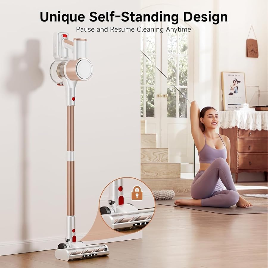 Honki Cordless Vacuum Cleaner, 500W/40Kpa Vacuum Cleaners for Home, Stick Vacuum Cordless with LED Display, Anti-Tangle & Wall Mount, 8 in 1 Lightweight Vacuum for Hard Floors Pet Hair(Gold), image 9
