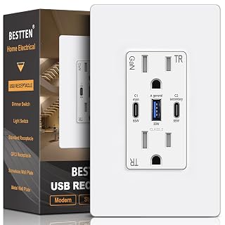 BESTTEN GaN 65W USB C Wall Outlet for Laptop, 3-Port USB Outlet with 15A Tamper-Resistant Electrical Outlet, 2 Type-C & 1 Type-A Ports USB Receptacle, Screwless Wallplate Included, cETL Listed, White - Amazon product rated Grade B