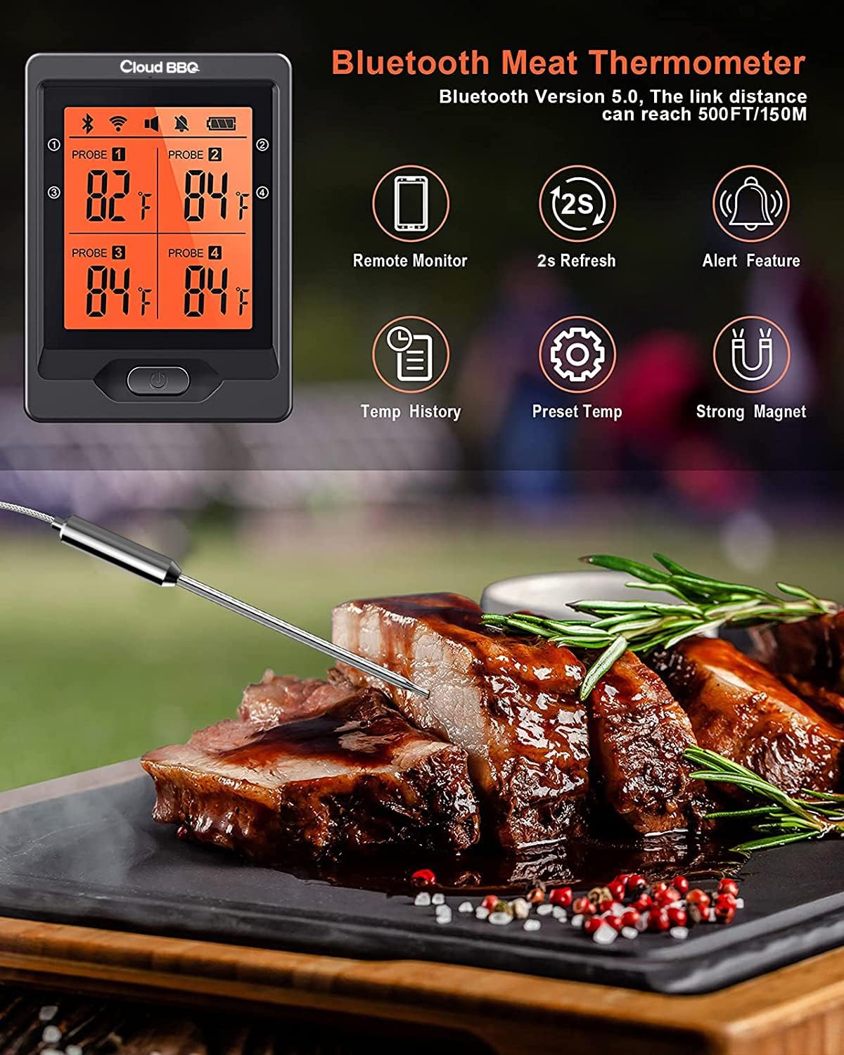review Cloud BBQ Wireless Meat Thermometer of 500FT, Bluetooth Meat Thermometer for Smoker Oven, Grill Thermometer with Four Probes, Smart Rechargeable BBQ Thermometer for Cooking Turkey Fish Beef