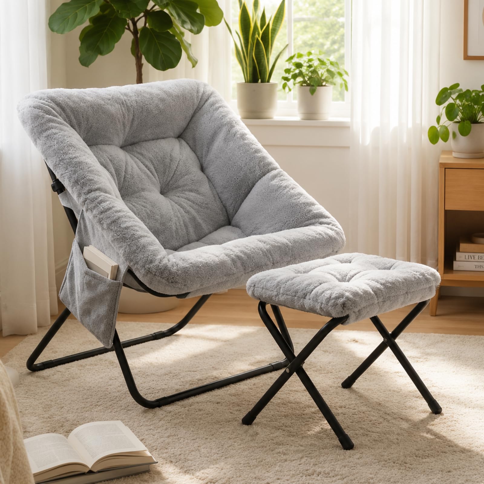 Clevich Sillón de relax con taburete, 72 x 76 x 78 cm, para adolescentes y adultos, escandinavo, tejido de piel sintética de poliéster, con bolsillo lateral y estructura de metal estable, plegable