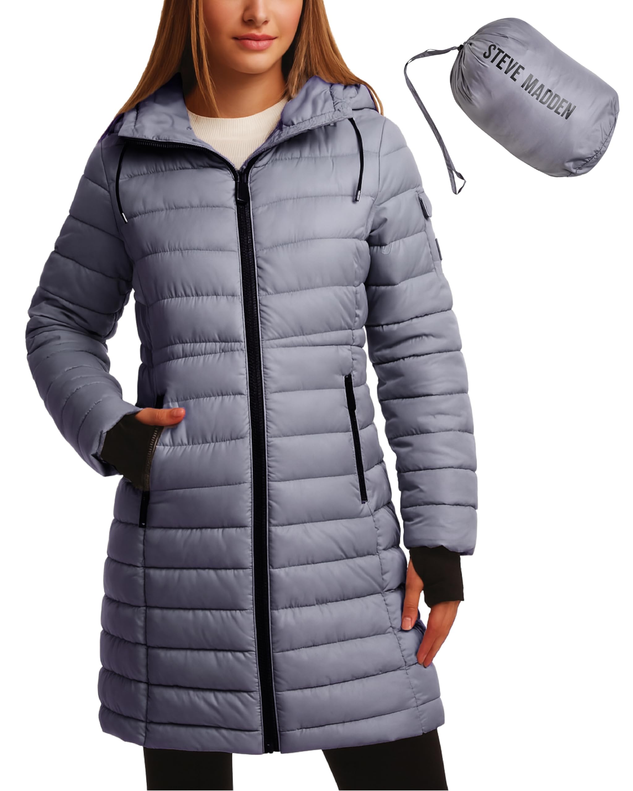 Steve Madden Womens Packable Puffer Jacket - Insulated Puffer Hooded Long Parka Coat - Quilted Warm Winter Jackets for Women