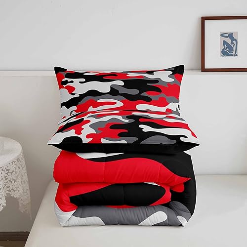 Miniatura 5 de Erosebridal Juego de ropa de cama de camuflaje, juego de edredón rojo y negro de camuflaje tamaño King para niños y niñas, juego de edredón de