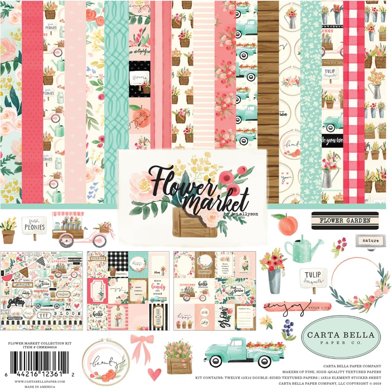 Carta Bella Paper Company Flower Market Collection Kit Paper, Teal, Pink, Tan, Green, Cream