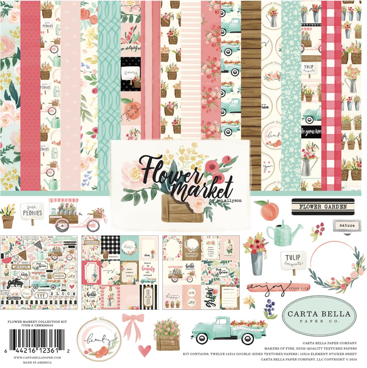 Carta Bella Paper Company Flower Market Collection Kit Paper, Teal, Pink, Tan, Green, Cream