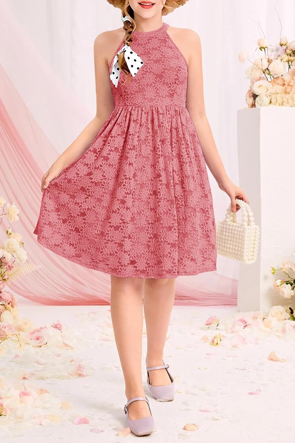 HOSIKA Girls Halter Neck Sleeveless Elegant Floral Lace A-line Flared Swing Party Dress for 6-12 Years Kid - Image 2