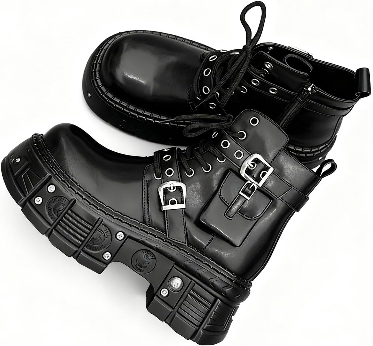 Men’S Leather Platform Locomotive Combat Boots Lace Up Side Zipper Adjustable Buckle Lug Sole Non-Slip Ankle Boots Fashion Punk Motorcycle Boots